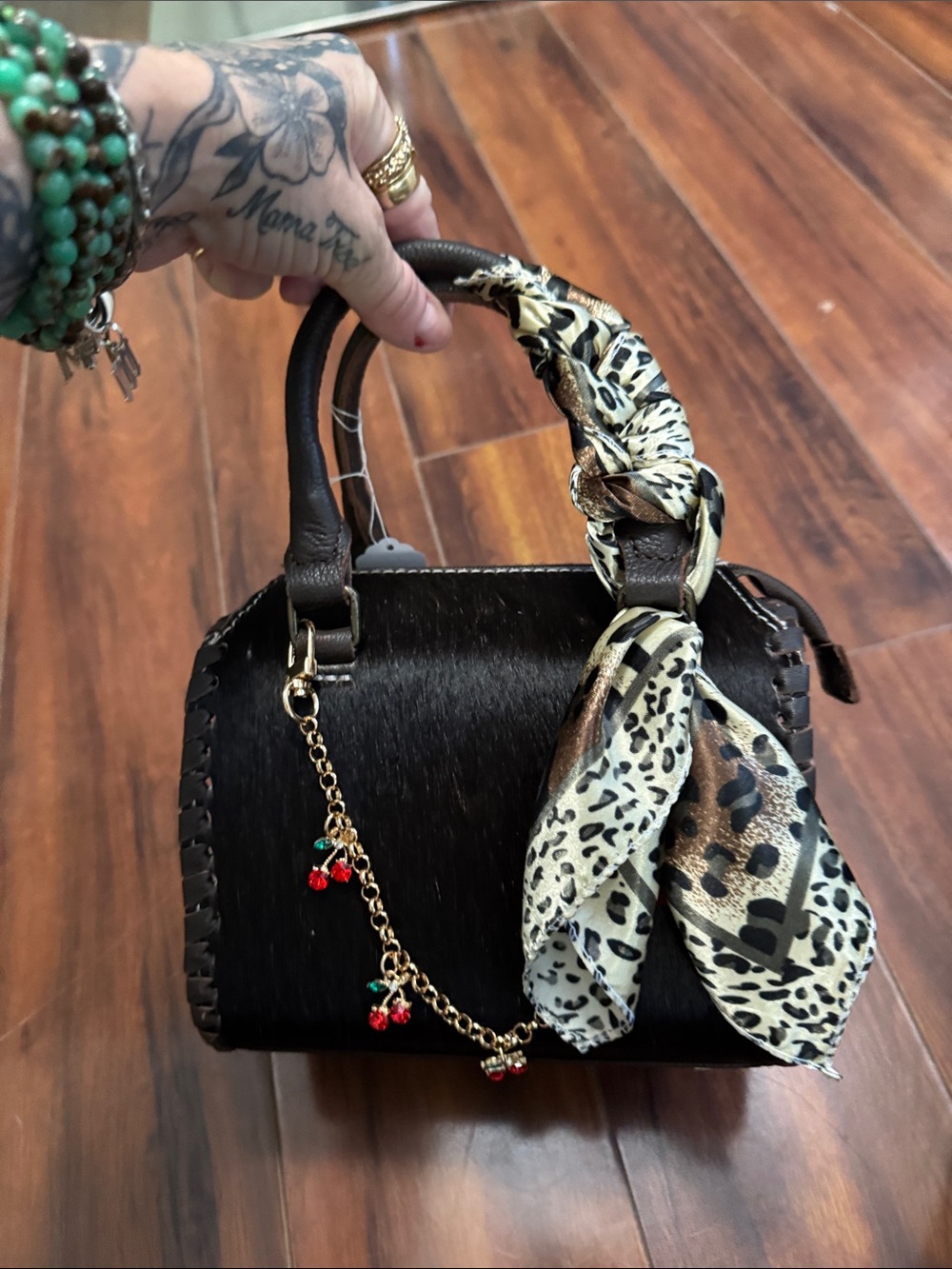 Dark brown/black calfskin-Hair Top-Handle Satchel with Leopard Scarf